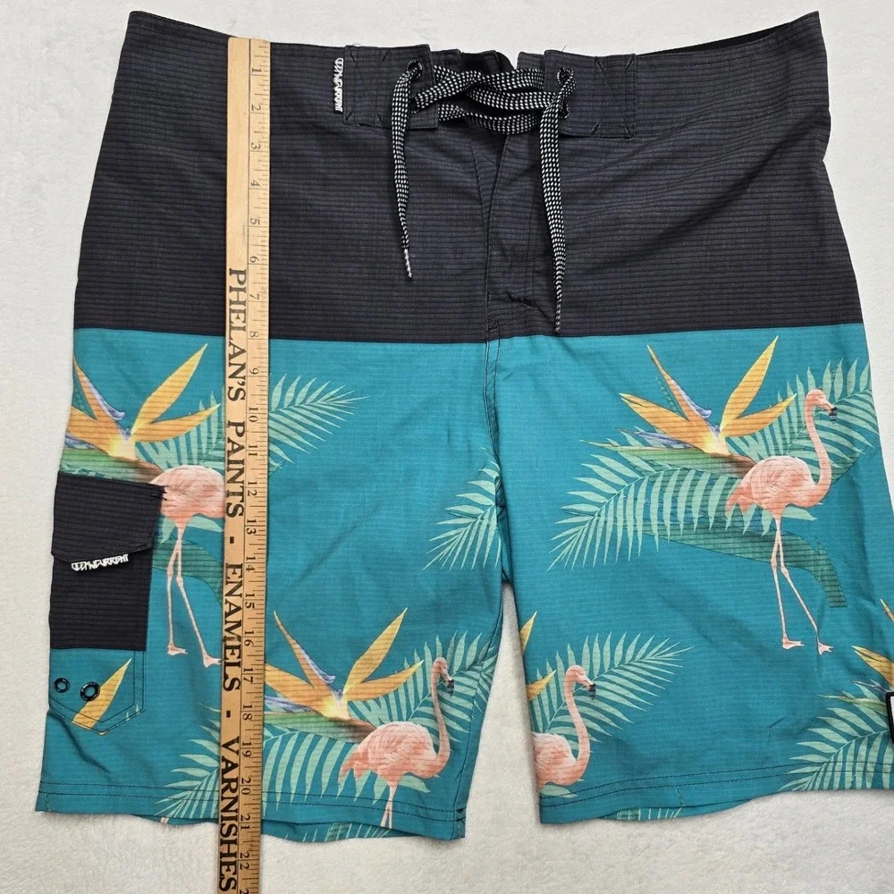 Ocean Current Flamingo Tropical Board Shorts Teal Black Mens 34 Summer Beach